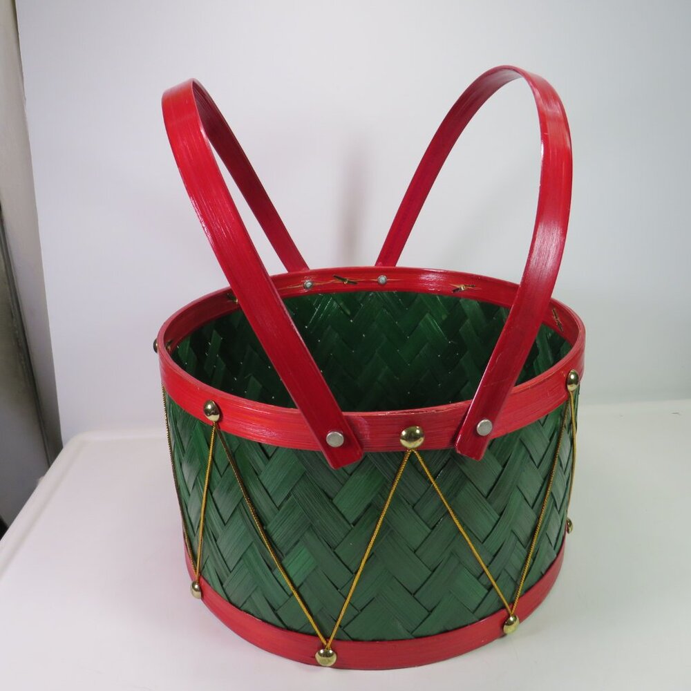 Vintage Christmas Woven Wooden Drum Basket Red Green Gold Accents Moving Handles